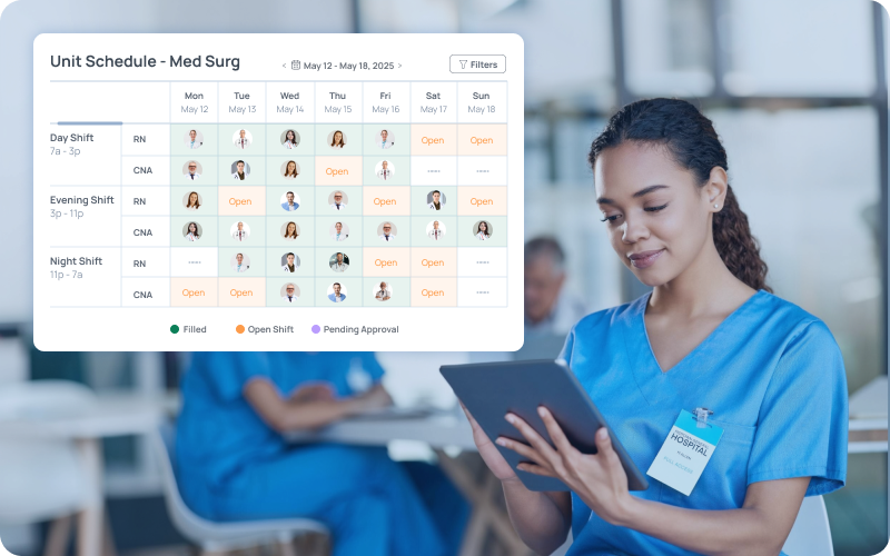 eCareHRMS nurse scheduling board with patient-ratio guardrails and shift swap marketplace